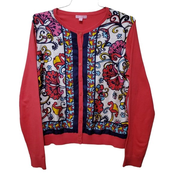 Lilly Pulitzer Sweaters - Lilly Pulitzer Cardigan Button Up Size L Floral Silk Front Coral Mixed Material
